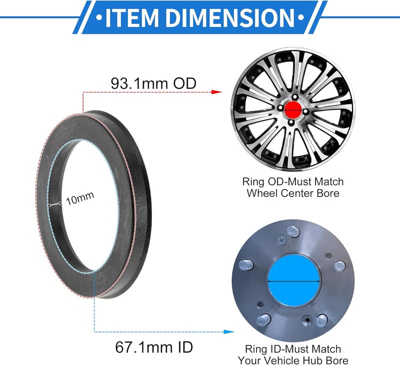 VekAuto 93.1mm to 67.1mm Car Wheel Hub Centric Rings Black Polycarbonate Wheels Center Shaft Shock Absorbing Hubrings 4 Pcs - Image 3